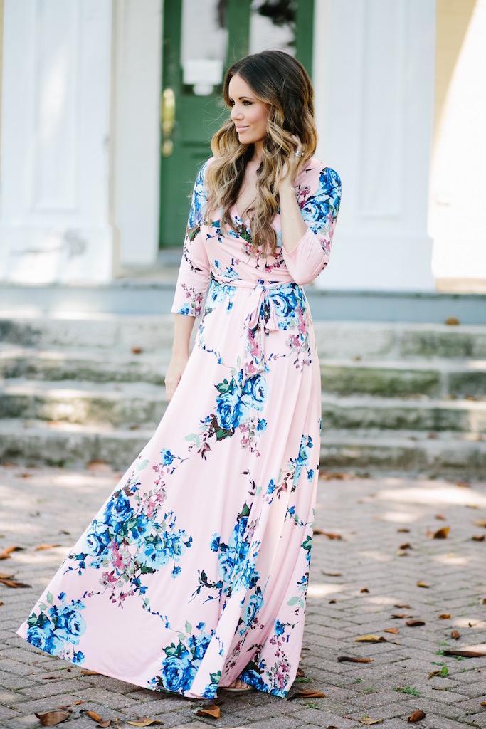pink floral wrap maxi dress